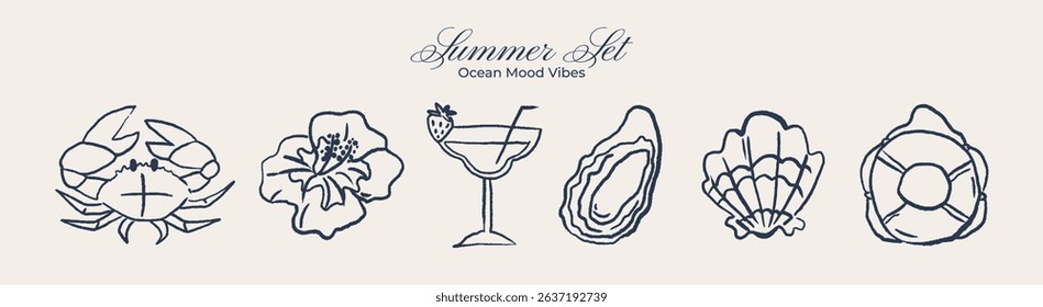 Summer beach stickers in retro linear style, crab, tropical flower, cocktail, seashells, oyster, lifebuoy, ocean vacation elements, seaside mood illustration, trendy vintage minimalist shapes