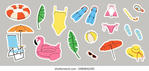 Summer beach stickers. Umbrella, sun lounger, inflatable ring and ball. Swimsuit hat and glasses. Fins and diving mask. Summertime holiday. Sea vacation, vector cartoon flat isolated illustration