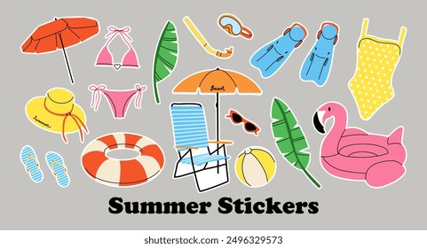 Summer beach stickers. Umbrella, sun lounger, inflatable ring and ball. Swimsuit hat and glasses. Fins and diving mask. Summertime holiday. Sea vacation, vector cartoon flat isolated illustration