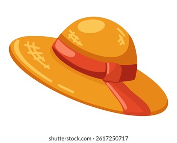 Summer beach straw hat with red ribbon. Cartoon vector illustration on white background.