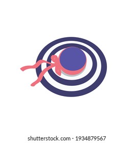 Summer beach striped hat icon with ribbon. Woman accessory for travel and vacation. Vector illustration