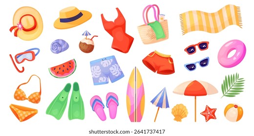 Summer beach stuff. Cartoon travel summertime accessories, tropical sea holiday tourist clothes hat bag bikini slippers sunglasses parasol pool party, swanky vector illustration original artwork