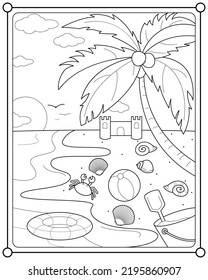 Summer beach suitable for children's coloring page vector illustration