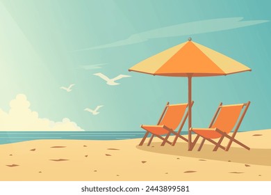 Summer beach. Sun loungers and a beach umbrella on the sandy coast. Vector cartoon sea shore background. Good sunny day. Paradise beach with chairs.