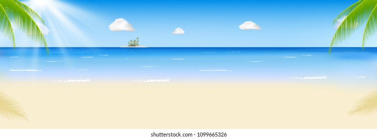 Summer beach with a sun, palm trees and cloudless sky. Vector illustration. Template for your design. EPS10.