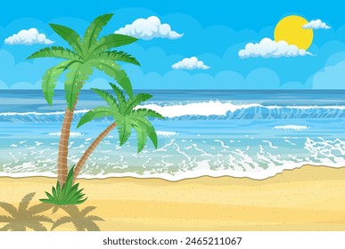 Summer beach with a sun, palm trees and cloudless sky. Template for your poster