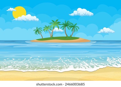 Summer beach with a sun, palm trees and cloudless sky. Template for your poster