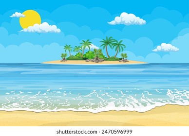 Summer beach with a sun, palm trees and cloudless sky. Template for your poster