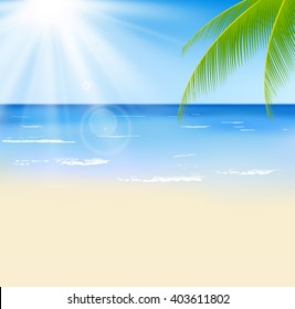 Summer beach with a sun, palm trees and cloudless sky. Template for your poster