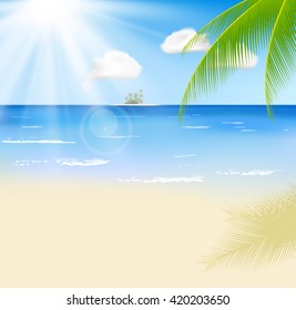 Summer beach with a sun, palm trees and cloudy sky. 