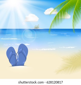 Summer beach with a sun, palm trees and cloudy sky.