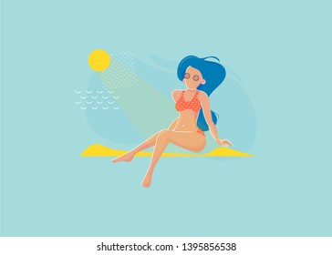 Summer beach sunbath vector retro illustration. Sexy pretty girl sitting on a beach with bikini swimsuit on. Summer time beach woman isolated.