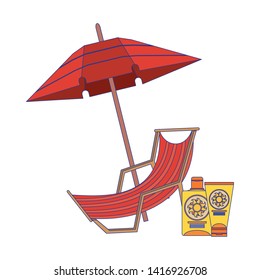 Summer and beach sunchair and umbrella with bronzer bottles cartoons vector illustration graphic design