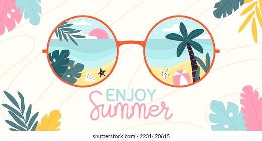 Summer beach sunglass, reflection beach vacation. Traveller cartoon poster with palm tree, ocean and sand. Racy vector fun travel background