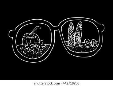 Summer beach with sunglasses. Hand drawing illustration.