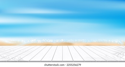 Summer Beach with sunlight sparkling on Ocean Water,Wood floor on sand,Vector Empty White Wood table for spa product display,Natural Seascape with blurry horizon,Summer landscape vacation on seaside 
