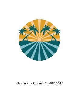 Summer beach sunrise with coconut tree theme. vector logo design template.