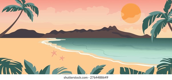 Summer beach sunset background vector with tropical palm trees, ocean waves and sandy shore. Colorful seaside landscape illustration for travel poster, banner and seasonal design.