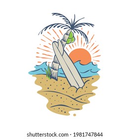Summer beach and sunset badge patch pin graphic illustration vector art t-shirt design