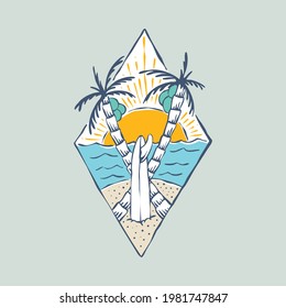 Summer beach and sunset badge patch pin graphic illustration vector art t-shirt design