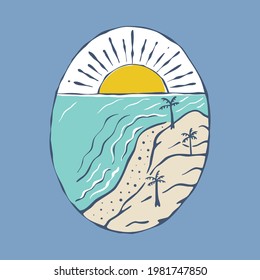 Summer beach and sunset badge patch pin graphic illustration vector art t-shirt design