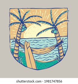 Summer beach and sunset badge patch pin graphic illustration vector art t-shirt design