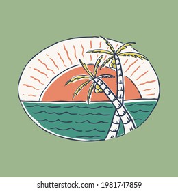 Summer beach and sunset badge patch pin graphic illustration vector art t-shirt design