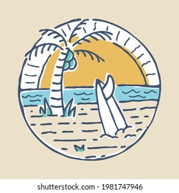 Summer beach and sunset badge patch pin graphic illustration vector art t-shirt design