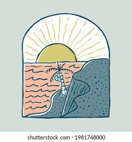 Summer beach and sunset badge patch pin graphic illustration vector art t-shirt design