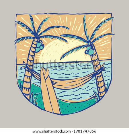 Summer beach and sunset badge patch pin graphic illustration vector art t-shirt design