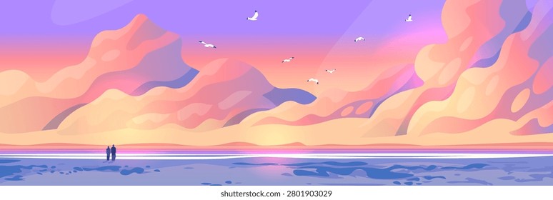 Summer beach sunset couple walking pastel clouds seagulls vibrant sky scenic shoreline tranquil landscape web banner