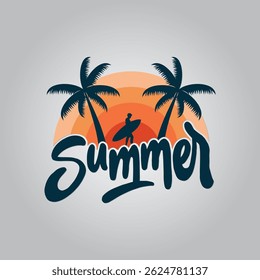 Summer Beach Sunset with Palm Trees and Surfer Vector t-shirt Design Template
