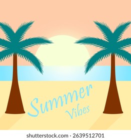 Summer beach at sunset with palms and the inscription "Summer Vibes"