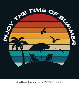 Diseño de la camiseta de la silueta de la puesta del sol de la playa del verano con las palmeras