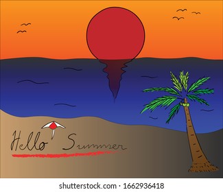 Summer beach sunset sky with hello summer word.