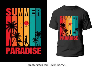 Summer beach with sunset t-shirt design. Summer paradise.