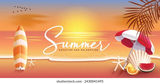 Banner vectorial de atardecer de playa de verano. Texto de verano en fondo de paisaje marino de atardecer con tabla de surf, paraguas y elementos de concha para la temporada de viajes. Ilustración vectorial de fondo de playa de verano. 
