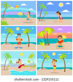 Summer beach sunset vector, children playing by seaside. Vacations for kids, boy wearing snorkeling equipment, eating watermelon, girl in lifebuoy