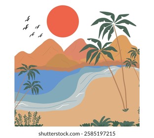 Summer Beach Sunshine beach graphic print design for t shirt print, poster, sticker and other uses. California long beach . Tropical Palm Tree at The Beach.