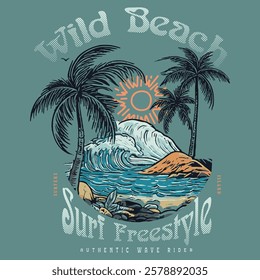 summer beach sunshine vector print design artwork, sunshine beach illustration, tropical print design, surfers island, vintage summer retro artwork, palm tree beach with sea weaves side,summer graphic