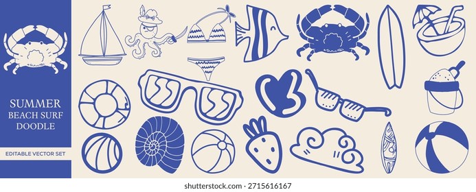 Summer Beach Surf Doodle Iconos y Elementos Colección de Vector Editable