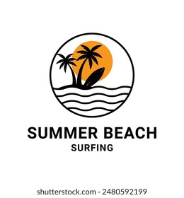 summer beach surf logo design concept idea palm tree and sun vector label circle