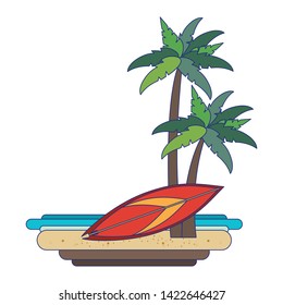Summer beach with surf table and palms cartoons vector illustration graphic design
