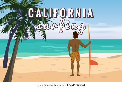 Summer beach surfer character man with surfboard on California ocean coast, palms sand surf. Beautiful tropical landscape seascape banner holiday vacation. Vector isolated cartoon styl