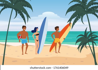 Summer beach surfers characters with surfboards and ball on sea ocean coast, palms sand surf. Beautiful tropical landscape seascape banner holiday vacation. Vector isolated cartoon styl