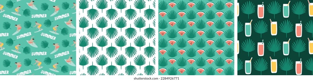 Summer beach surfers holiday seamless repeat pattern. Digital printable paper. tropical leaves pattern.