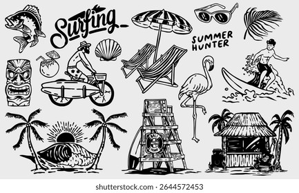 Summer Beach and Surfing Elements Vector Set
