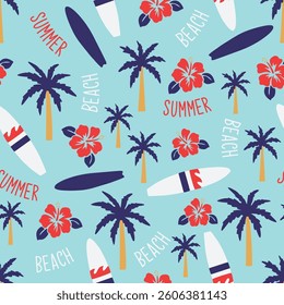 Summer beach surfing vector seamless repeat pattern.