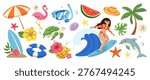 Summer beach surfing vector set with surfer girl, dolphin, flamingo, turtle, surfboard, tropical flowers, palm tree and ocean elements. Hand drawn summer illustration for poster, banner and sticker.