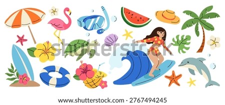 Summer beach surfing vector set with surfer girl, dolphin, flamingo, turtle, surfboard, tropical flowers, palm tree and ocean elements. Hand drawn summer illustration for poster, banner and sticker.